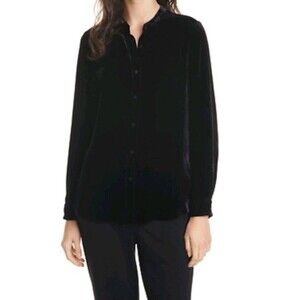 Eileen Fisher Black Velvet Mandarin Collar Tunic Button Up Blouse Top Sz 2X Silk